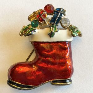 Vintage Gold Tone Santas Boot Themed Christmas Brooch Pin Rhinestones